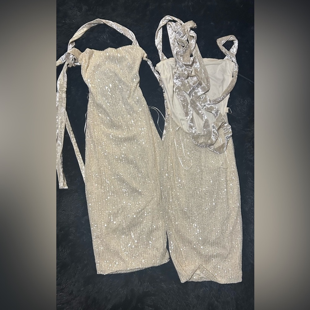 Fashion Nova Backless Sequin Dress in Cream